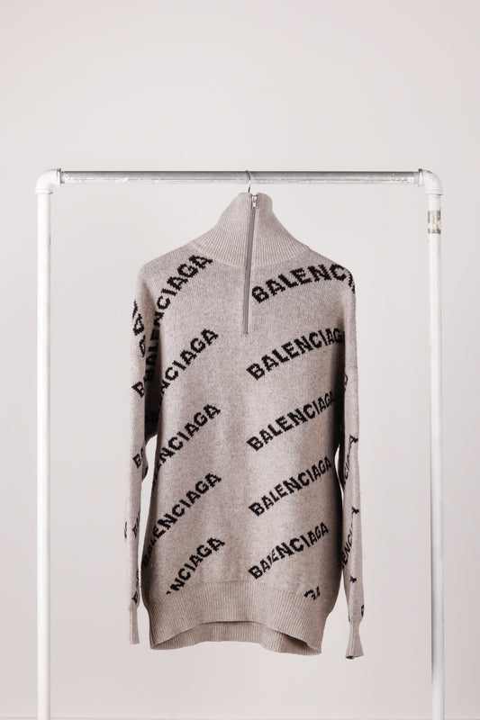 Balenciaga FW18 'All-Over Logo Print Intarsia Knit' 1/4 Zip Sweater (2018)