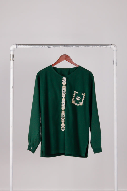 90's Chanel 'Embroidered Nylon' Tunic Green