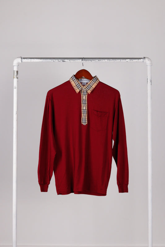 80's Burberry 'Plaid Nova Check Collar' L/S Polo Shirt Burgundy