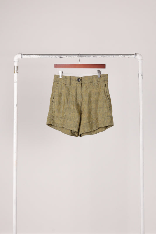 Ganni SS22 'Gold Fusion Check Plaid' Tailored Linen Shorts (2022)