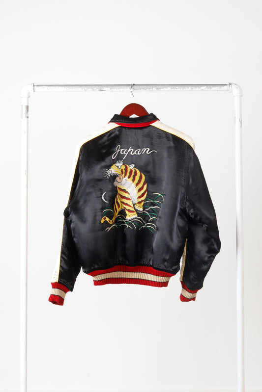 Vintage 80's Japan Sukajan 'Tiger Embroidered' Satin Souvenir Varsity Jacket