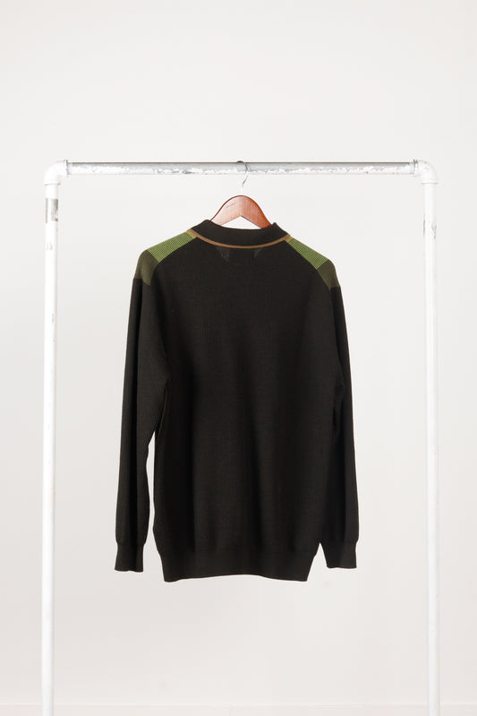 Beams Plus FW22 'Knitted Wool Jacquard' L/S Polo Shirt Green (2022)