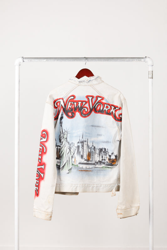 Vintage 80's Tony Alamo 'New York City Skyline Sleeve Script' Distressed Type 3 Denim Jacket