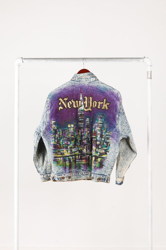 Vintage 80's Tony Alamo 'New York' Bejeweled Denim Jacket Light Acid Wash