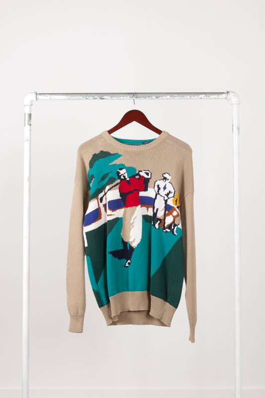 Vintage 90's Hathaway Golf 'Driving Print' Hand Intarsia Sweater