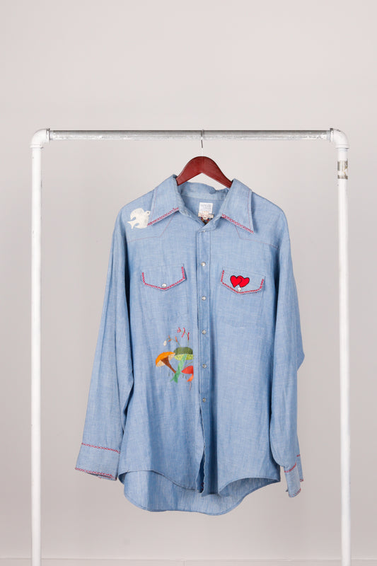 Vintage 70's King Size 'Nature Logos Embroidered' Chambray Shirt