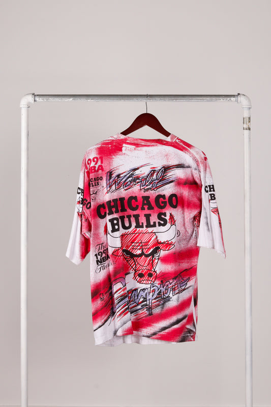 Vintage 1991 Chicago Bulls 'NBA Finals World Champions Spray Paint All-Over Print' T-Shirt