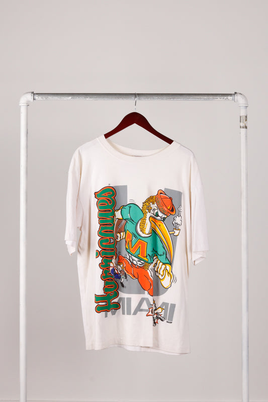 Vintage 1993 University Of Miami 'Hurricanes Football Mascot Caricature' Double Sided T-Shirt