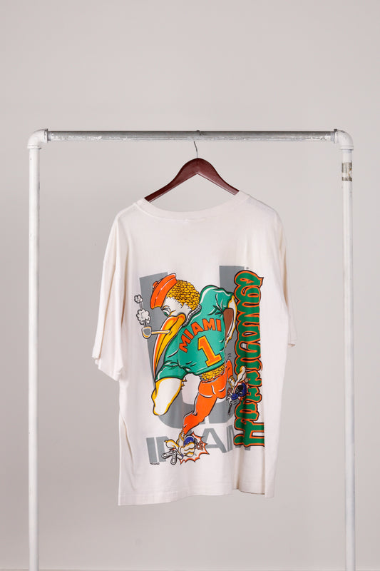 Vintage 1993 University Of Miami 'Hurricanes Football Mascot Caricature' Double Sided T-Shirt