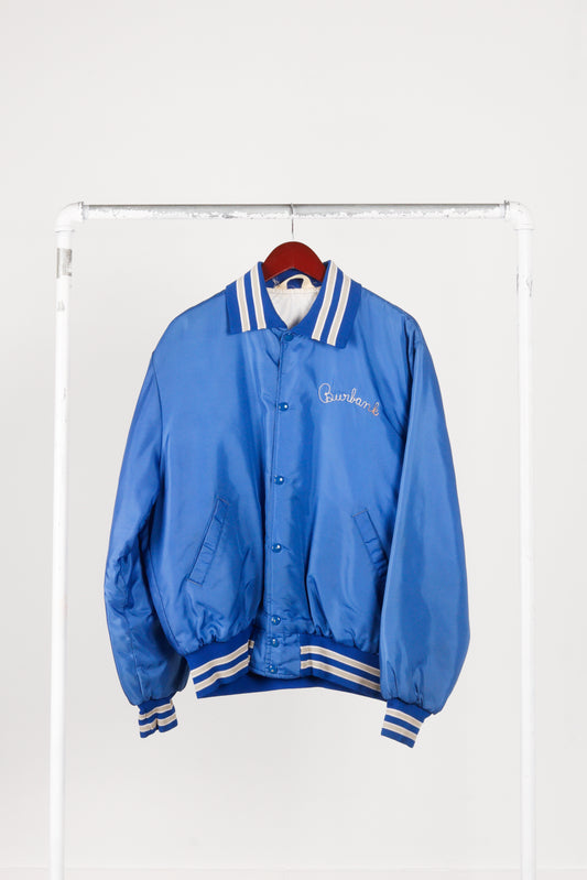 Vintage 70's Neff 'Burbank Mono Chainstitched' Satin Varsity Jacket Blue