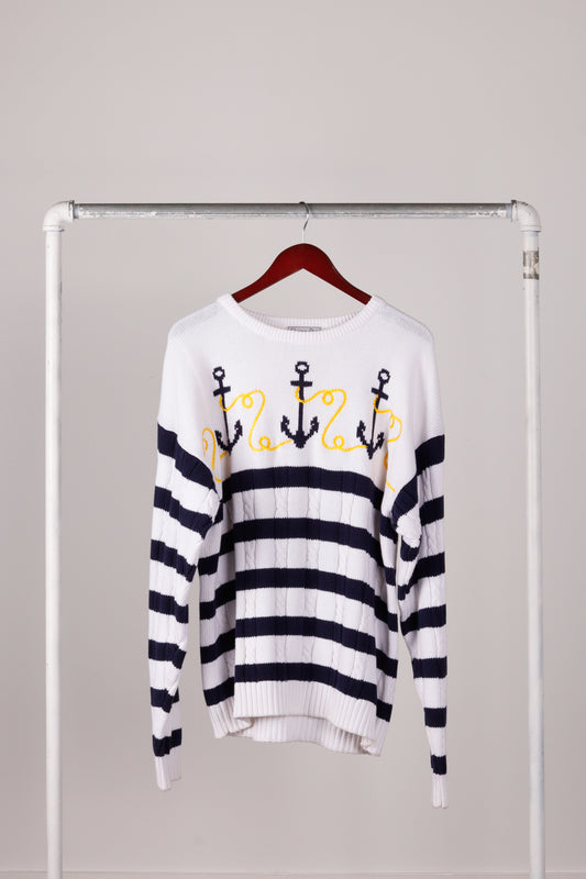 Vintage 70's Christian Dior 'Nautical Anchor Embroidered' Cable Knit Sweater Blue Stripes