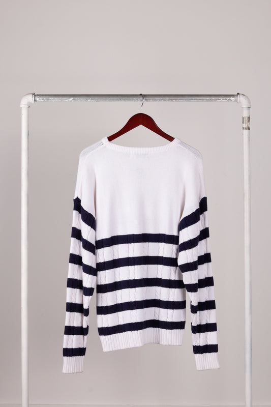 Vintage 70's Christian Dior 'Nautical Anchor Embroidered' Cable Knit Sweater Blue Stripes