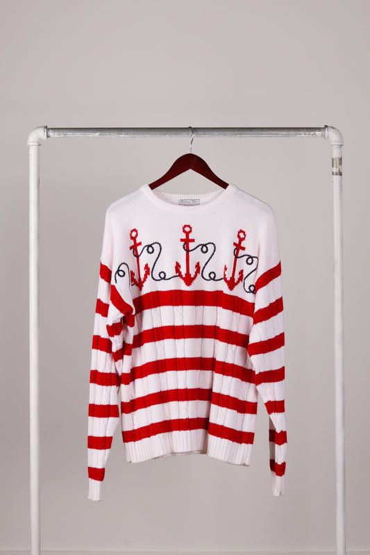 Vintage 70's Christian Dior 'Nautical Anchor Embroidered' Cable Knit Sweater Red Stripes