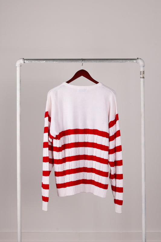 Vintage 70's Christian Dior 'Nautical Anchor Embroidered' Cable Knit Sweater Red Stripes