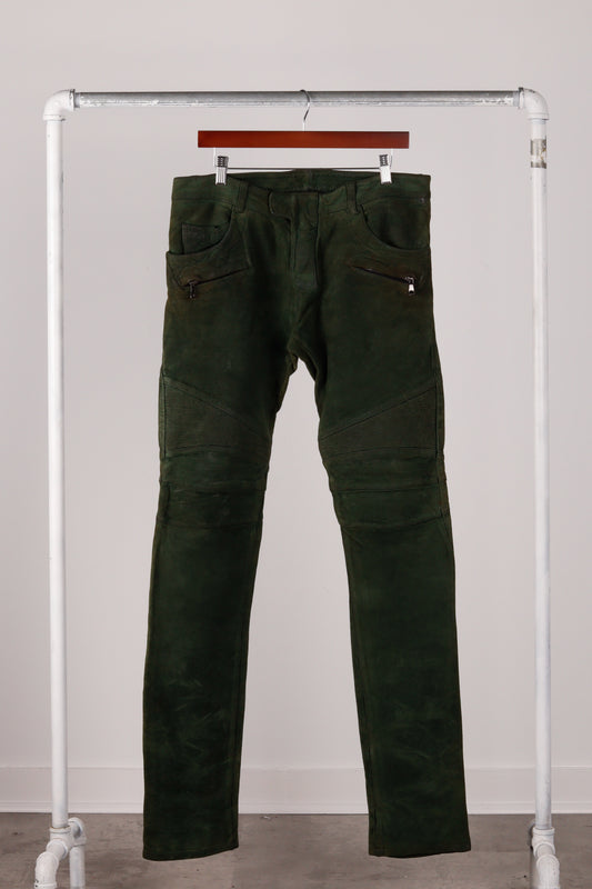 Balmain FW12 'Lambskin Leather Biker' Pants Oil Green (2012)