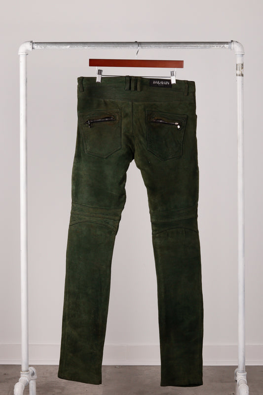 Balmain FW12 'Lambskin Leather Biker' Pants Oil Green (2012)