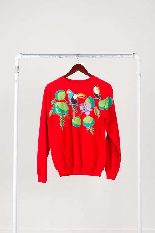 Vintage 80's 'Toucan and Parrot' Crewneck Sweatshirt Red